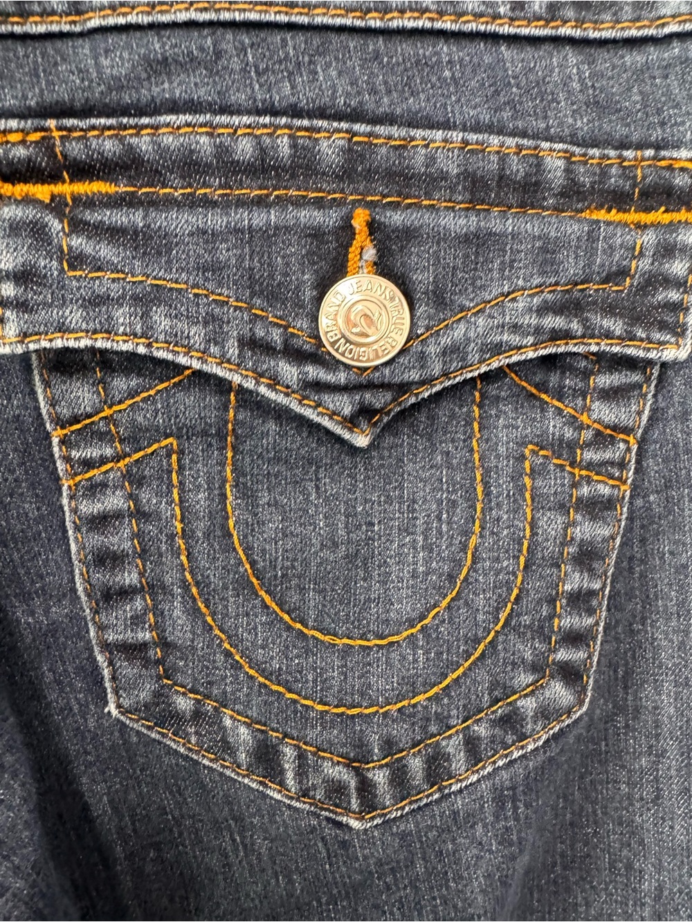 2014 True Religion Dark Blue Skinny Jeans with Orange Horseshoe Flap size 3